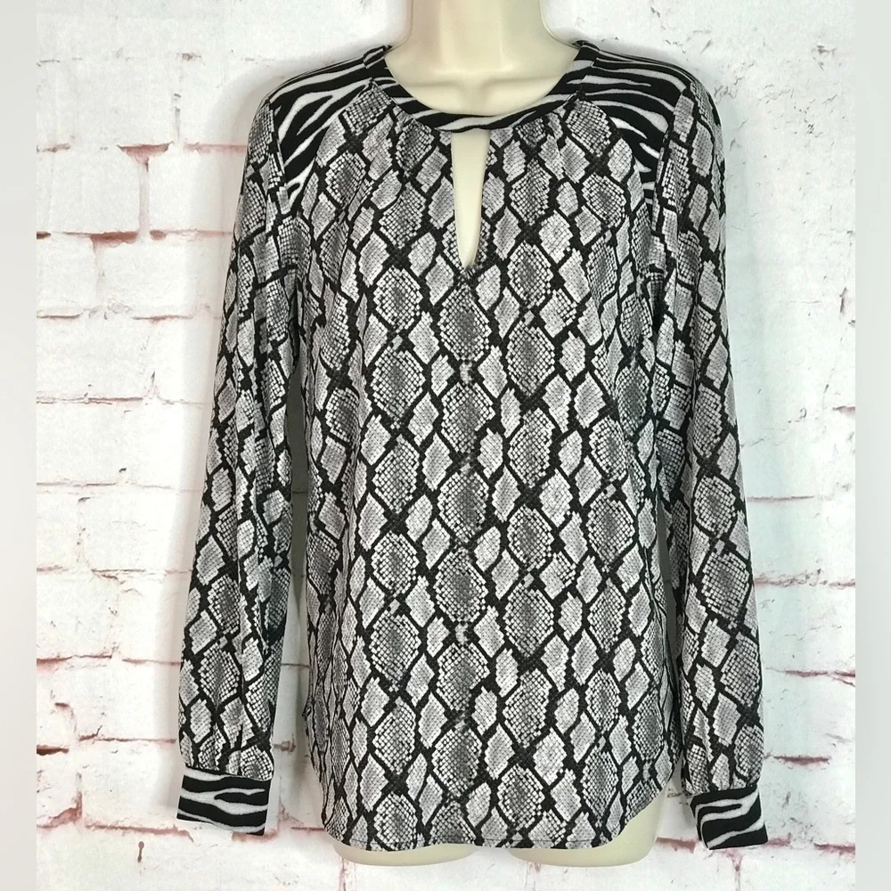 MICHAEL Michael Kors XS Snake Print Keyhole Neck Black & Gray Long Sleeve Blouse
